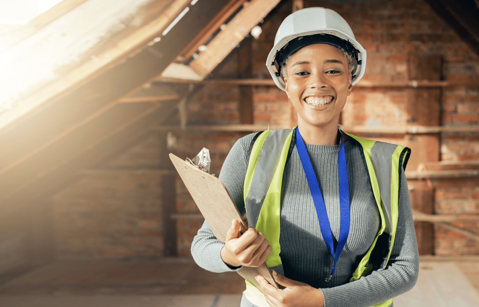 Portrait of smiling female architect in hardhat holding clipboard and looking at camera<br />